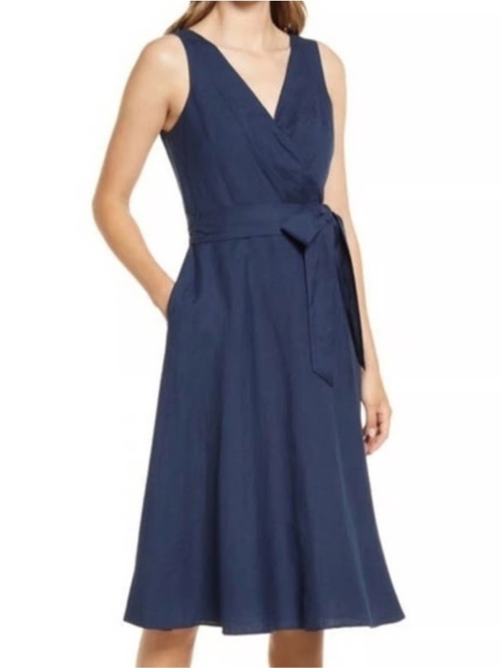 Eliza J. Women's Size 2 Navy Blue Sleeveless V-Neck Midi Dress Linen Blend